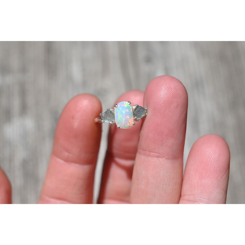 Opal & Montana Sapphire Ring: Sterling Silver Engagement Gift